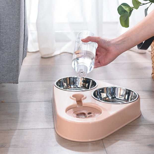 Food Bowl with Bottle Automatic Drinking Feeder, Dog Triple Bowls, Pet Food And Water Feeder Bowls - Preppypetslife